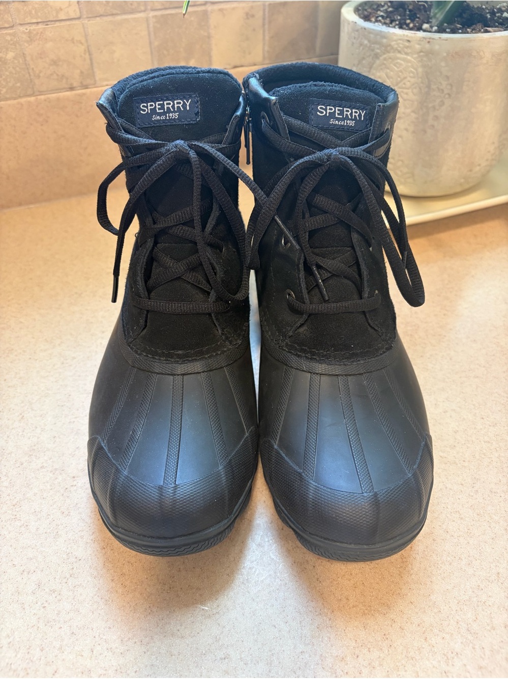 Sperry Black Lace-Up Waterproof Duck Boots